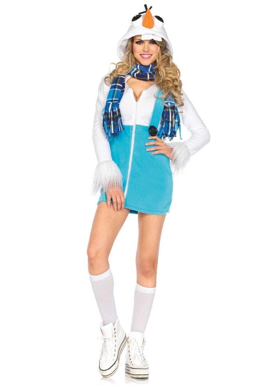5588 S Snowman Costume Zipper Front Fleece Dress with Cozy Scarf White